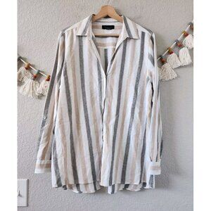 Tahari Linen Blend Striped Button Up V-neck Tunic Top Nautical Lagenlook XL